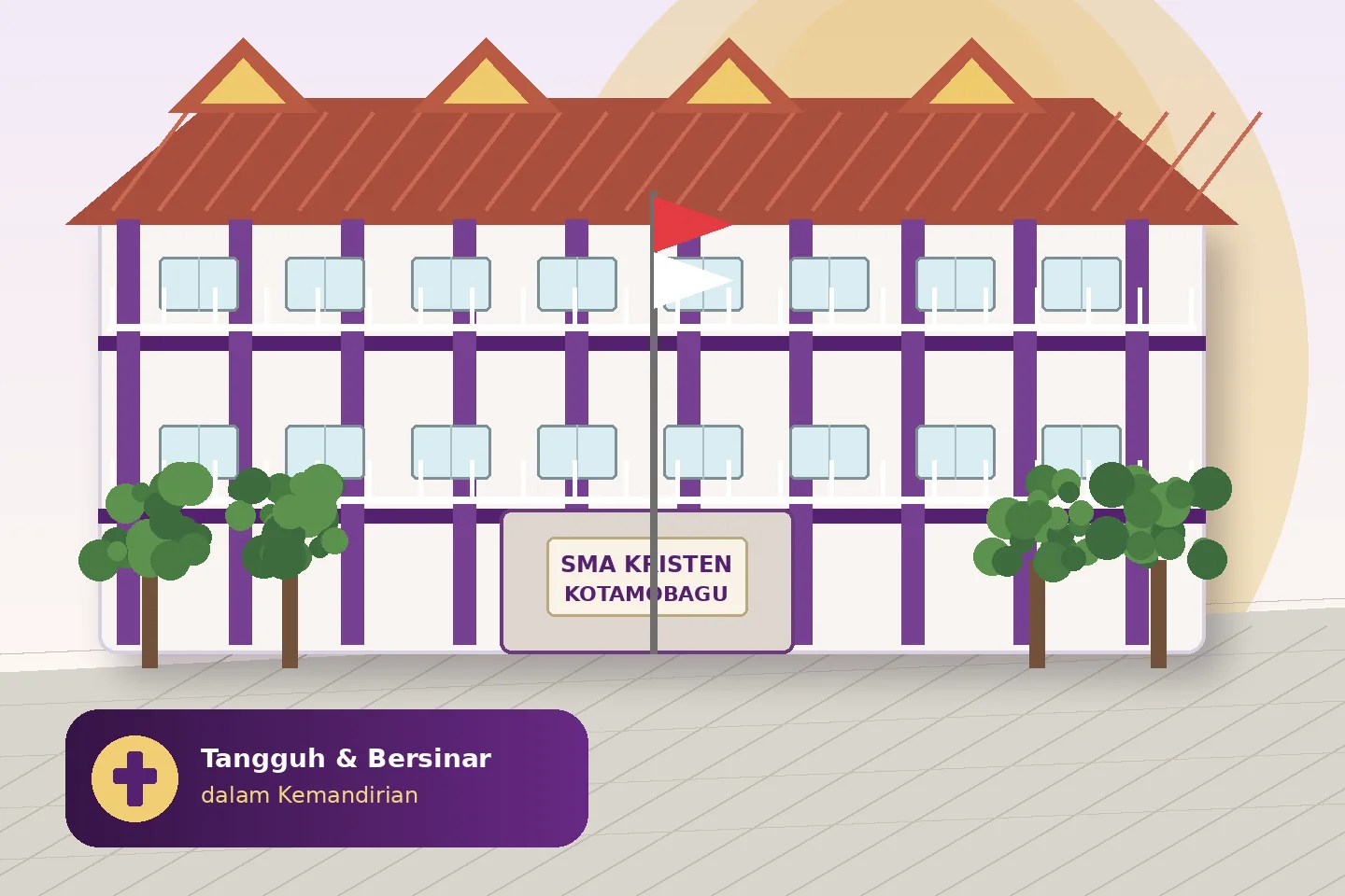 Gedung dan halaman SMA Kristen Kotamobagu dengan identitas warna ungu dan putih