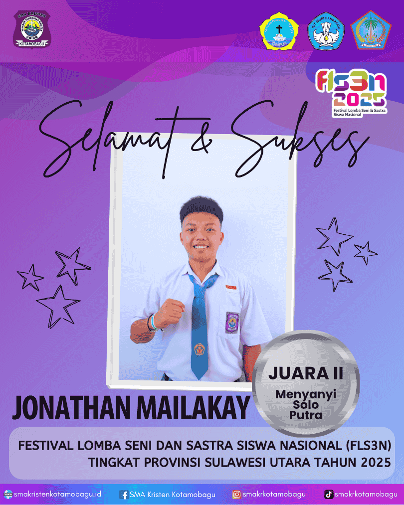 SMA Kristen Kotamobagu Raih Prestasi di Ajang FLS3N, Jonathan Mailakay mendapat Juara 2 Vokal Solo Putra